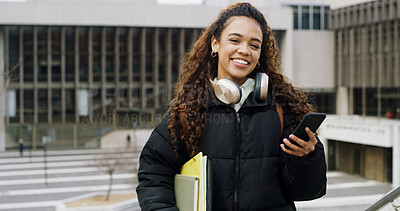 Buy stock photo Student, portrait and woman with phone on campus with headphones for music, chat or academic online portal. Girl, audio tech and university mobile app for education or future career opportunity