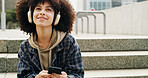 Headphones, thinking and woman with phone in city for music, podcast and audio on college break. University campus, stairs and student on smartphone listening to radio, track and playlist in town