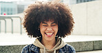 Portrait, funny and outdoor with woman, silly and facial expression with urban town. Goofy, positive mindset and person in city, happiness and empowerment with joke, commute and vacation in New York