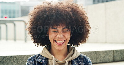 Buy stock photo Portrait, funny and outdoor with woman, silly and facial expression with urban town. Goofy, positive mindset and person in city, happiness and empowerment with joke, commute and vacation in New York