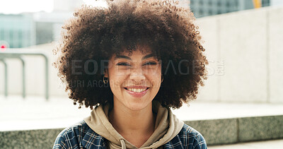 Buy stock photo Student, smile and portrait of woman in city for college, opportunity, relax and confidence. University, education and future with female person on steps outdoor for scholarship, gen z and campus