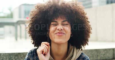 Buy stock photo Portrait, funny and outdoor with woman, playful and facial expression with happiness. Silly, positive mindset and person in city, urban town and empowerment with joke, commute and holiday in New York
