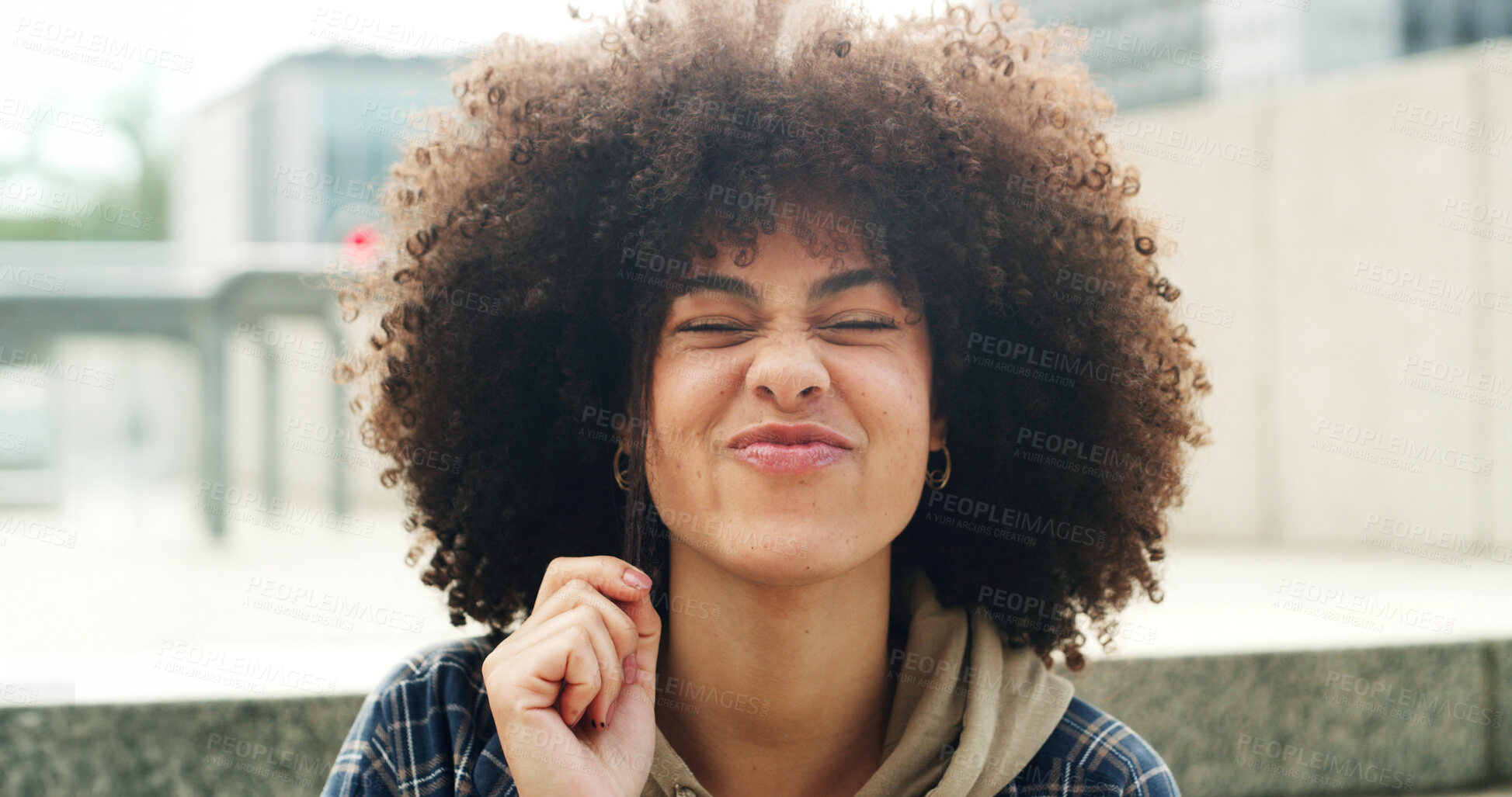 Buy stock photo Portrait, funny and outdoor with woman, playful and facial expression with happiness. Silly, positive mindset and person in city, urban town and empowerment with joke, commute and holiday in New York