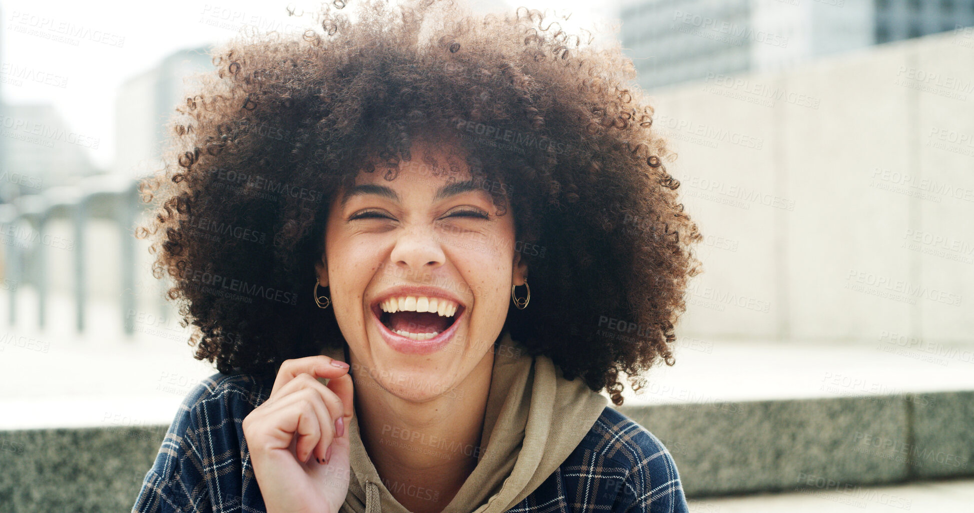 Buy stock photo Student, laughing and portrait of woman in city for college opportunity, smile and confidence. University, education and future with female person on steps outdoor for scholarship, funny and joke