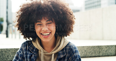 Buy stock photo Student, funny and portrait of woman in city for college opportunity, smile and confidence. University, education and future with female person on steps outdoor for scholarship, laugh and joke