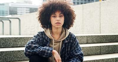 Buy stock photo Fashion, student and portrait of woman in city for college, relax or education outdoor. Serious, university and confident African person on steps with streetwear, gen z style or opportunity at campus