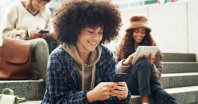 Buy stock photo Stairs, happy and woman with smartphone, texting and communication with contact, online and outdoor. Steps, typing and students with mobile for message, digital and network on social media in city
