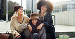 Happy, city and portrait of girl friends on stairs with fashion for trendy, cool and clothes on holiday. Happy, steps and female people with stylish outfit in urban town on vacation or weekend trip.