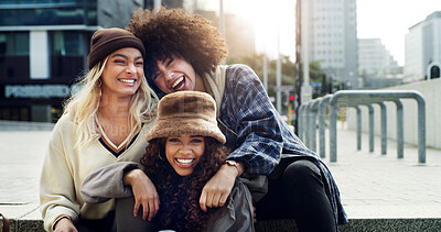 Buy stock photo Laugh, fashion and portrait of girl friends in city on stairs for trendy, cool and clothes together. Happy, steps and female people with stylish outfit in urban town with funny, comedy or joke.