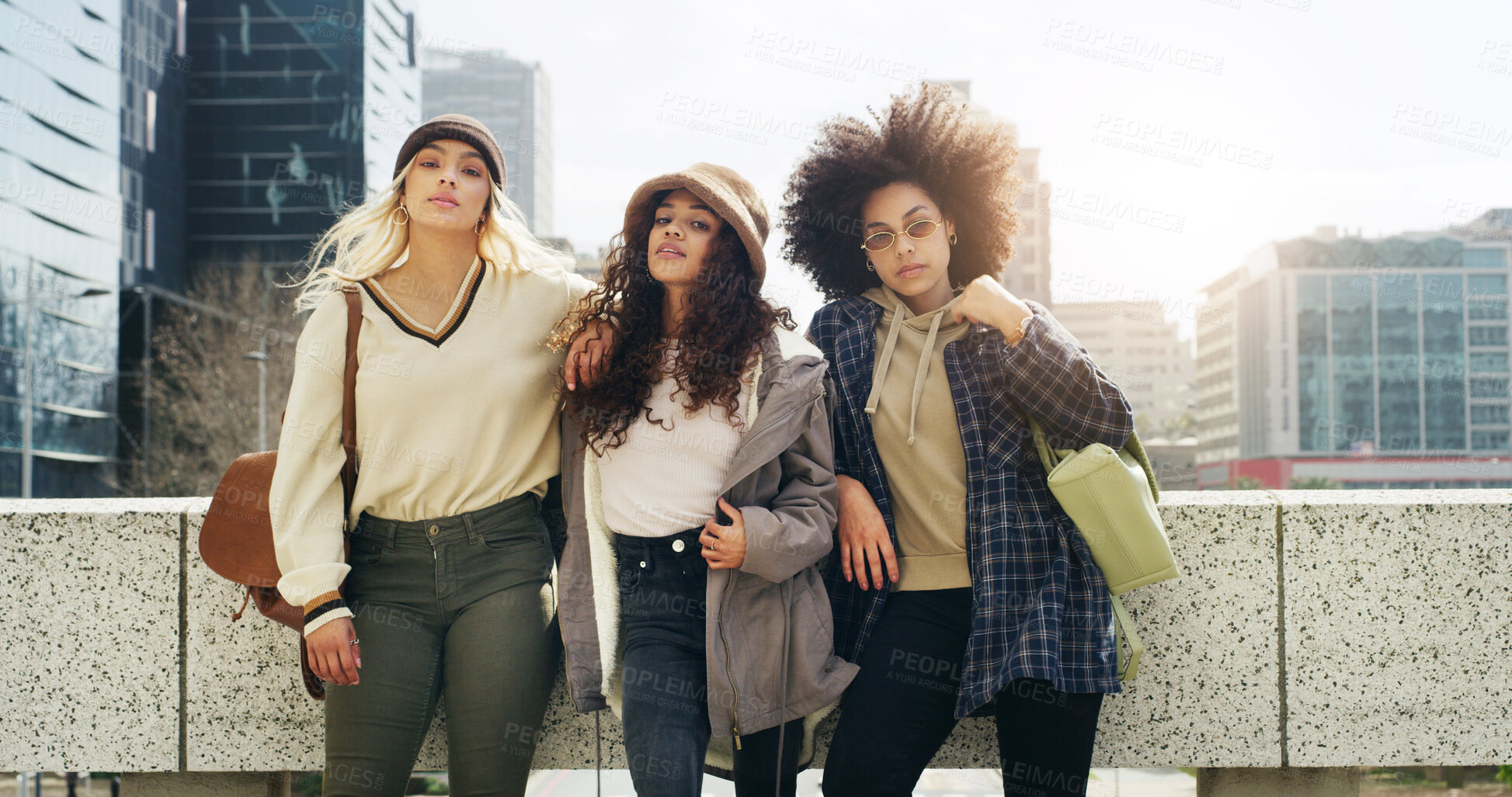 Buy stock photo Portrait, people and friends for fashion in city with streetwear, edgy clothes and trendy style. Confident, women and gen z with support, swag and urban outfit with accessories for bonding together
