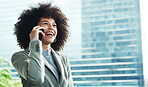 Business, woman and laughing with phone call in city for real estate negotiation, deal or good news. Space, realtor or talking to funny client for property discussion, commercial sale and agreement