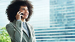 Business, woman and happy with phone call in city for real estate negotiation, deal or listing offer. Space, realtor or speaking to client for property discussion, commercial sale or online agreement