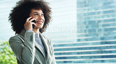 Buy stock photo Business, woman and happy with phone call in city for real estate negotiation, deal or listing offer. Space, realtor or speaking to client for property discussion, commercial sale or online agreement
