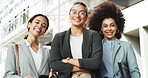 Smile, crossed arms and portrait of business women in city with confidence for finance career. Happy, teamwork and group of female financial advisors with pride for corporate job in urban town.
