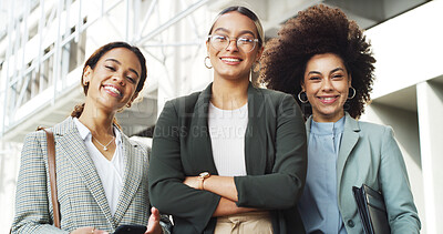 Buy stock photo Smile, crossed arms and portrait of business women in city with confidence for finance career. Happy, teamwork and group of female financial advisors with pride for corporate job in urban town.