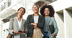 Happy, crossed arms and portrait of business women in city with confidence for finance career. Smile, teamwork and group of female financial advisors with pride for corporate job in urban town.