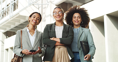 Buy stock photo Happy, crossed arms and portrait of business women in city with confidence for finance career. Smile, teamwork and group of female financial advisors with pride for corporate job in urban town.