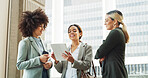 Conversation, tablet and business women in city with research for finance negotiation in collaboration. Discussion, digital technology and team of female financial advisors with investment planning.