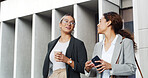 Travel, employee and women with coffee, talking and commuting to meeting for sales, laugh and smile. Outdoor, colleagues and salesperson with caffeine, collaboration and communication for project
