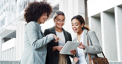 Buy stock photo Discussion, tablet and business women in town with research for finance negotiation in collaboration. Conversation, digital technology and team of female financial advisors with investment planning.