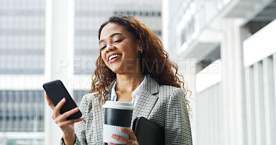 Buy stock photo Business woman, phone and texting in city with smile, coffee cup and notification for chat on break. Person, happy and smartphone on mobile app, scroll or contact on social media with drink in town