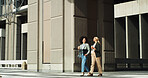 Commuting, employee and women with coffee, smile or travel to meeting for sales, laughing and space. Outdoor, colleagues and salesperson with caffeine, collaboration and communication for project