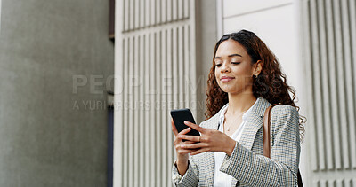 Buy stock photo Business woman, phone and smile in city with texting, networking and notification for chat on break. Person, happy and smartphone on taxi booking app, contact and scroll on social media in town