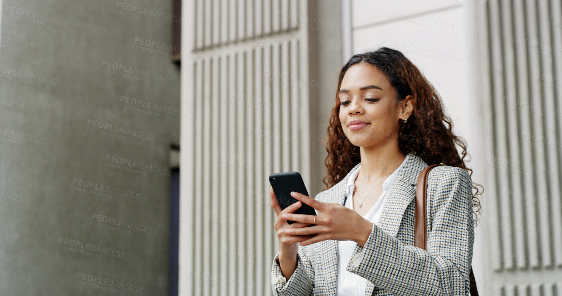 Buy stock photo Business woman, phone and smile in city with texting, networking and notification for chat on break. Person, happy and smartphone on taxi booking app, contact and scroll on social media in town