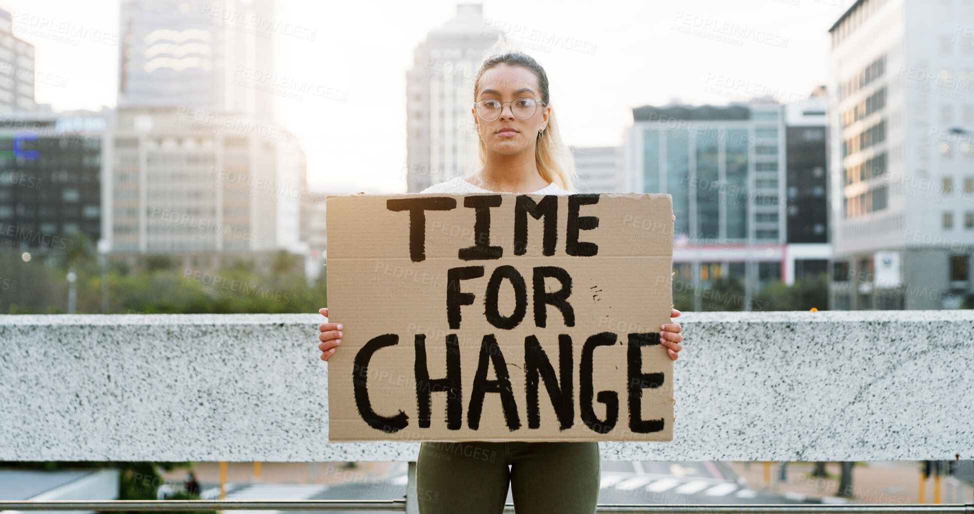 Buy stock photo Portrait, woman and protest with banner in city of awareness, climate change and global warming. Female person, billboard poster and stop pollution of planet safety, green movement and society impact