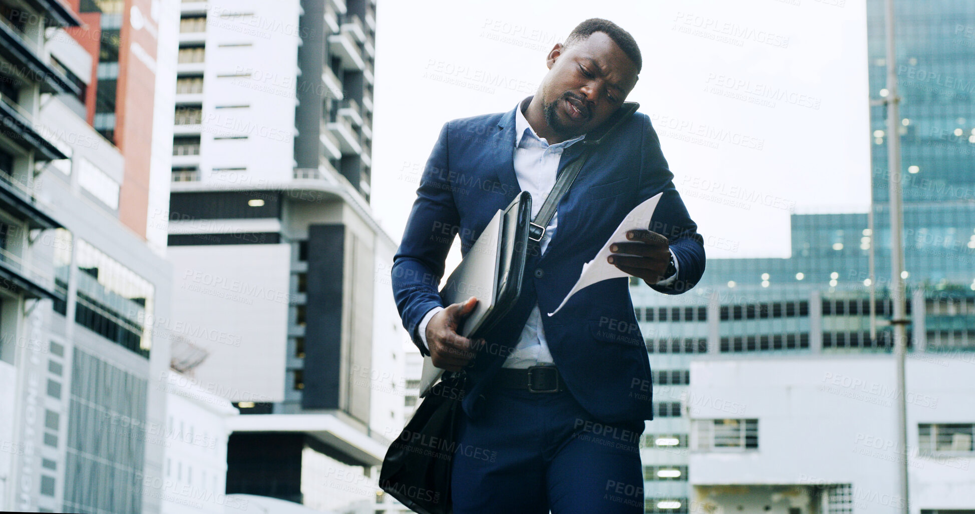 Buy stock photo Black man, phone call and walk in city with paperwork for overworked, late appointment or schedule. Busy, folder and business person on smartphone for communication, networking with stress or anxiety