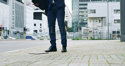 Buy stock photo Feet, business and person with shoes in city for travel, drop laptop and worker accident. Man, legs and distracted with technology on floor, commute disaster and clumsy employee for urban mistake 