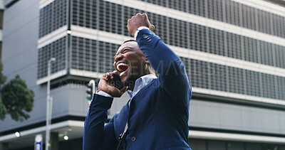 Buy stock photo Excited businessman, phone call and celebration in city for positive news, commute or deal success. Travel, black person and talking to contact with victory fist for career opportunity or achievement