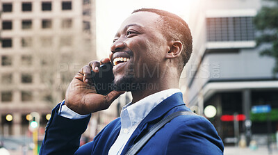 Buy stock photo Business, phone call and thinking with black man in city for inspiration or job opportunity. Conversation, idea and smile with happy employee outdoor in urban town for contact, good news or update