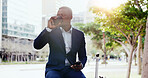 Black man, drinking and coffee with suitcase in city for travel, waiting or delay at pick up. Businessman, thinking and commute with beverage, phone or luggage for lift, cab or transportation in town