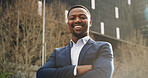 Arms crossed, city and portrait of black man property developer outdoor for building project. Architecture, flare and smile with real estate employee on location for commercial infrastructure