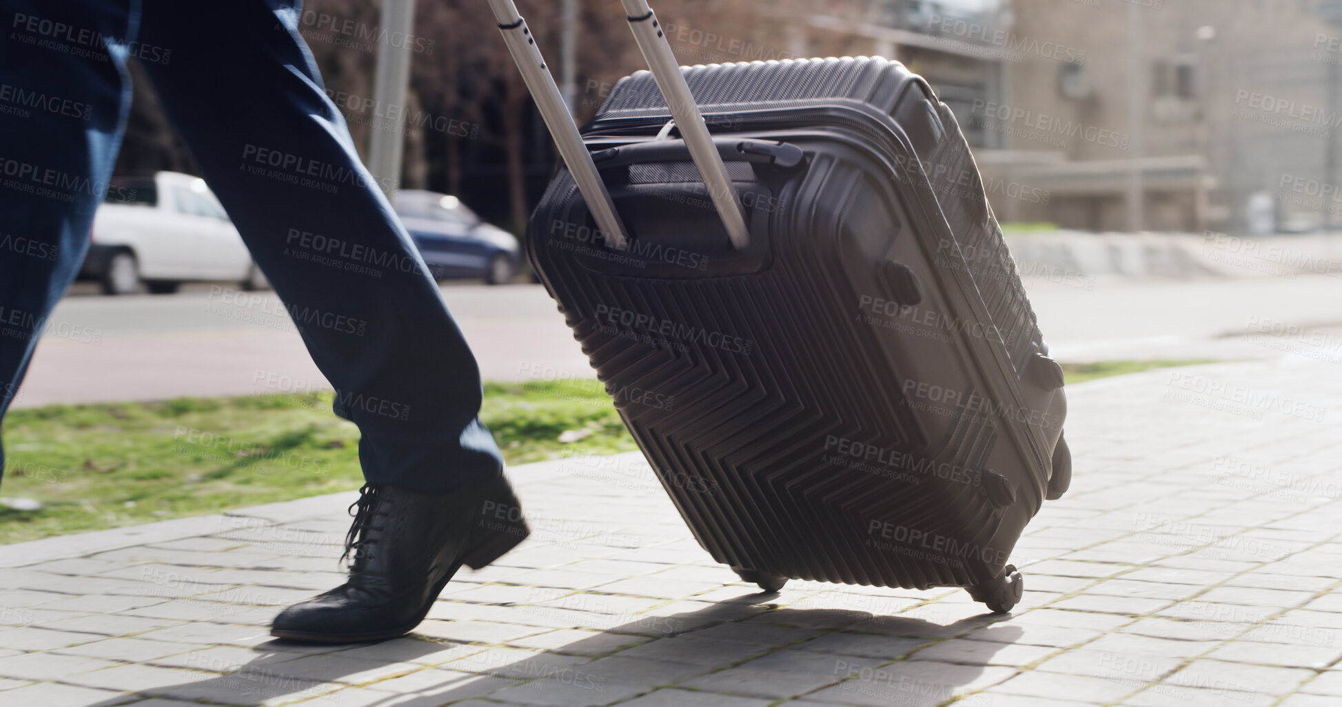 Buy stock photo Feet, luggage and walking with businessman in city for commute, journey or travel to location. Destination, steps and suitcase with legs of employee outdoor on sidewalk for international trip