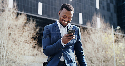 Buy stock photo City, phone and text message with business black man outdoor for real estate feedback or update. App, communication and reading with happy employee on location for commercial property development