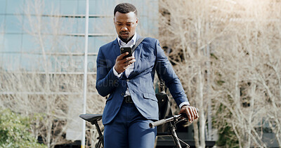 Buy stock photo Communication, bicycle and businessman in city with phone, email and directions on route. Search, bike or African employee with tech for connection, schedule appointment or contact in urban Nigeria.