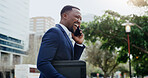 Happy, black man and laughing with phone call in city for funny joke, discussion or conversation. Businessman, lawyer or attorney with smile on mobile smartphone for comedy, humor or chat in town