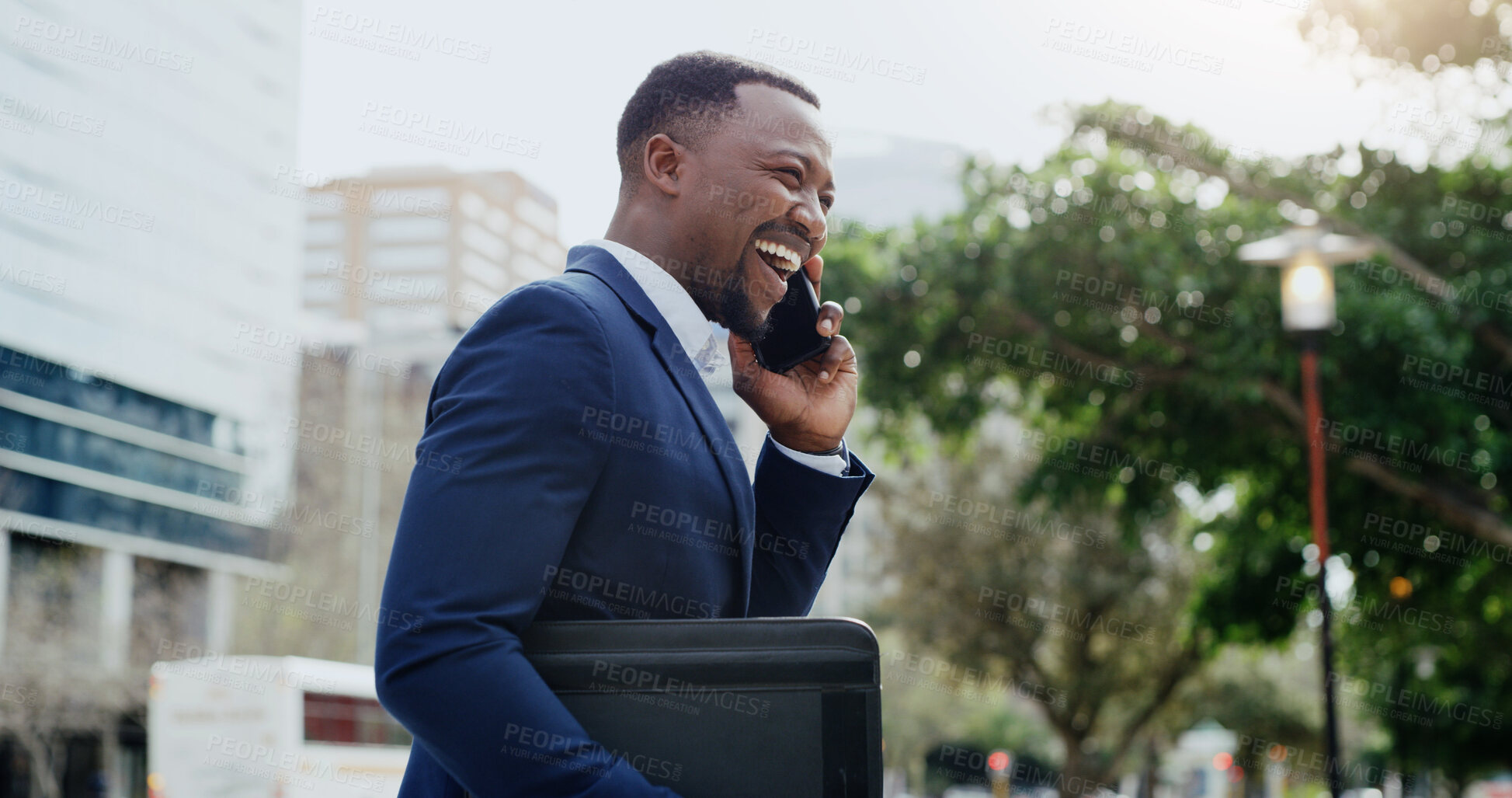 Buy stock photo Happy, black man and lawyer laughing with phone call in city for funny discussion or conversation. Businessman, employee or attorney with smile on mobile smartphone for comedy, humor or chat in town