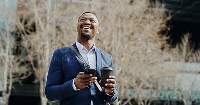 Buy stock photo Coffee, phone and thinking businessman in city for real estate feedback, ideas or update. App, communication and drink with African employee outdoor for commercial property development or planning