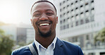 City, portrait and smile of business black man outdoor for building project or property development. Architecture, face and real estate with happy employee on location for commercial infrastructure
