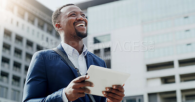 Buy stock photo Thinking, tablet and happy businessman in city for opportunity, insight or infrastructure. African worker, technology and urban planner with vision for development, planning and laugh for solution
