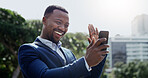 Happy, black man and wave with phone for video call, communication or connection in city. Businessman, smile or hello with mobile smartphone for virtual discussion or online meeting in an urban town