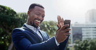 Buy stock photo Happy, black man and wave with phone for video call, communication or connection in city. Businessman, smile or hello with mobile smartphone for virtual discussion or online meeting in an urban town