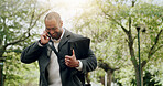 Phone call, laugh and business man at park for sustainability advice, update and connection. Outdoor, mobile and consultant talk to contact for eco friendly negotiation, feedback and funny joke