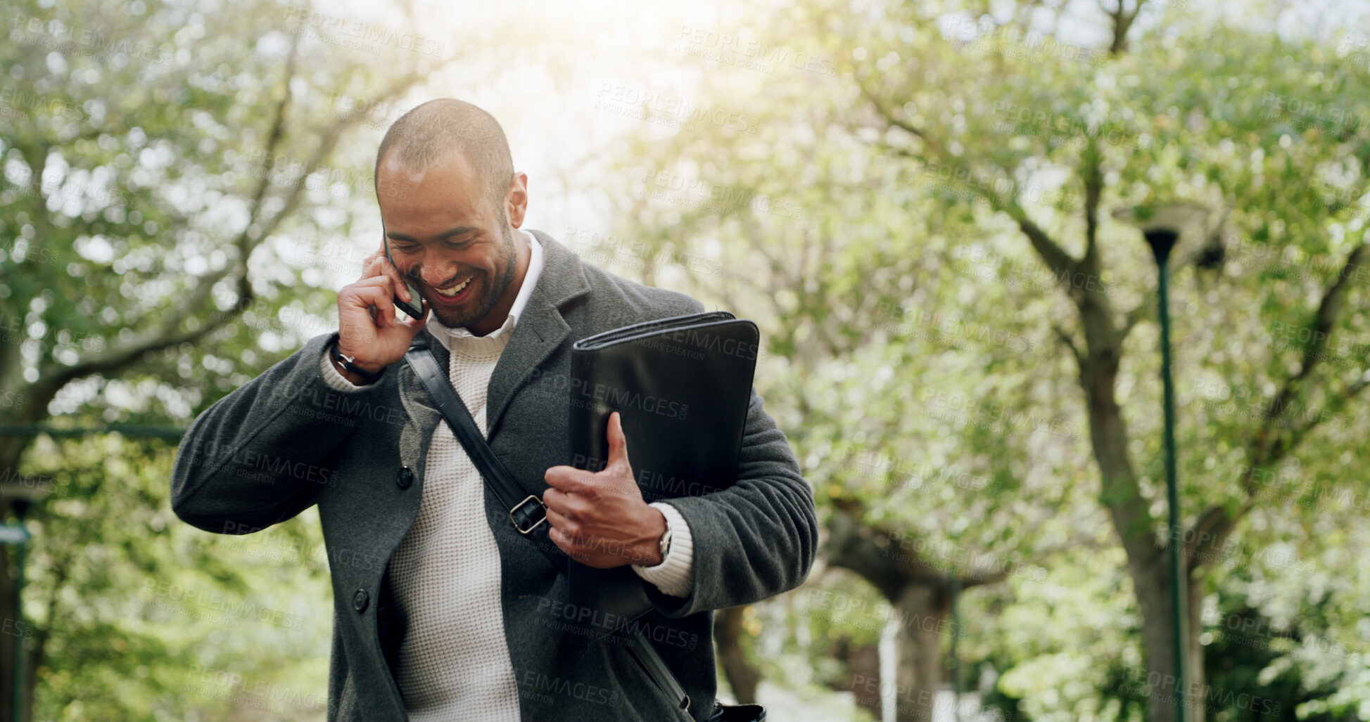 Buy stock photo Phone call, laugh and business man at park for sustainability advice, update and connection. Outdoor, mobile and consultant talk to contact for eco friendly negotiation, feedback and funny joke