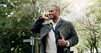 Phone call, laugh and business man outdoor for sustainability advice, update and networking. Park, mobile and consultant talking to contact for eco friendly negotiation, feedback and funny joke