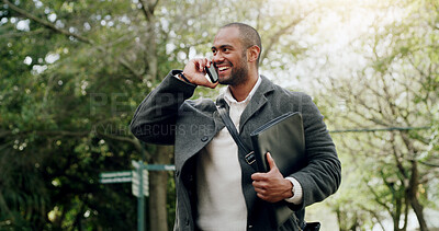 Buy stock photo Phone call, laugh and business man outdoor for sustainability advice, update and networking. Park, mobile and consultant talking to contact for eco friendly negotiation, feedback and funny joke