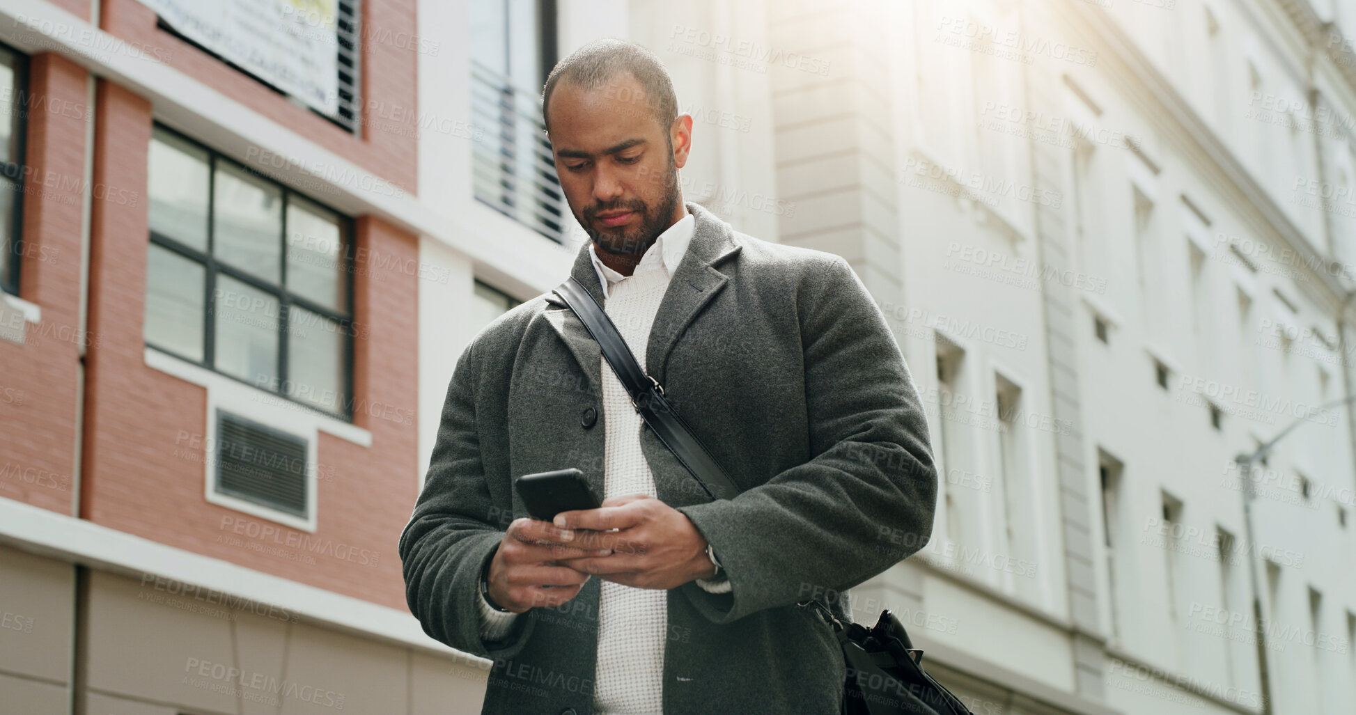 Buy stock photo Phone, reading and business man in city for journalist research, source investigation or contact. Eyewitness report, article editor and communication with person outdoor for feedback and news story